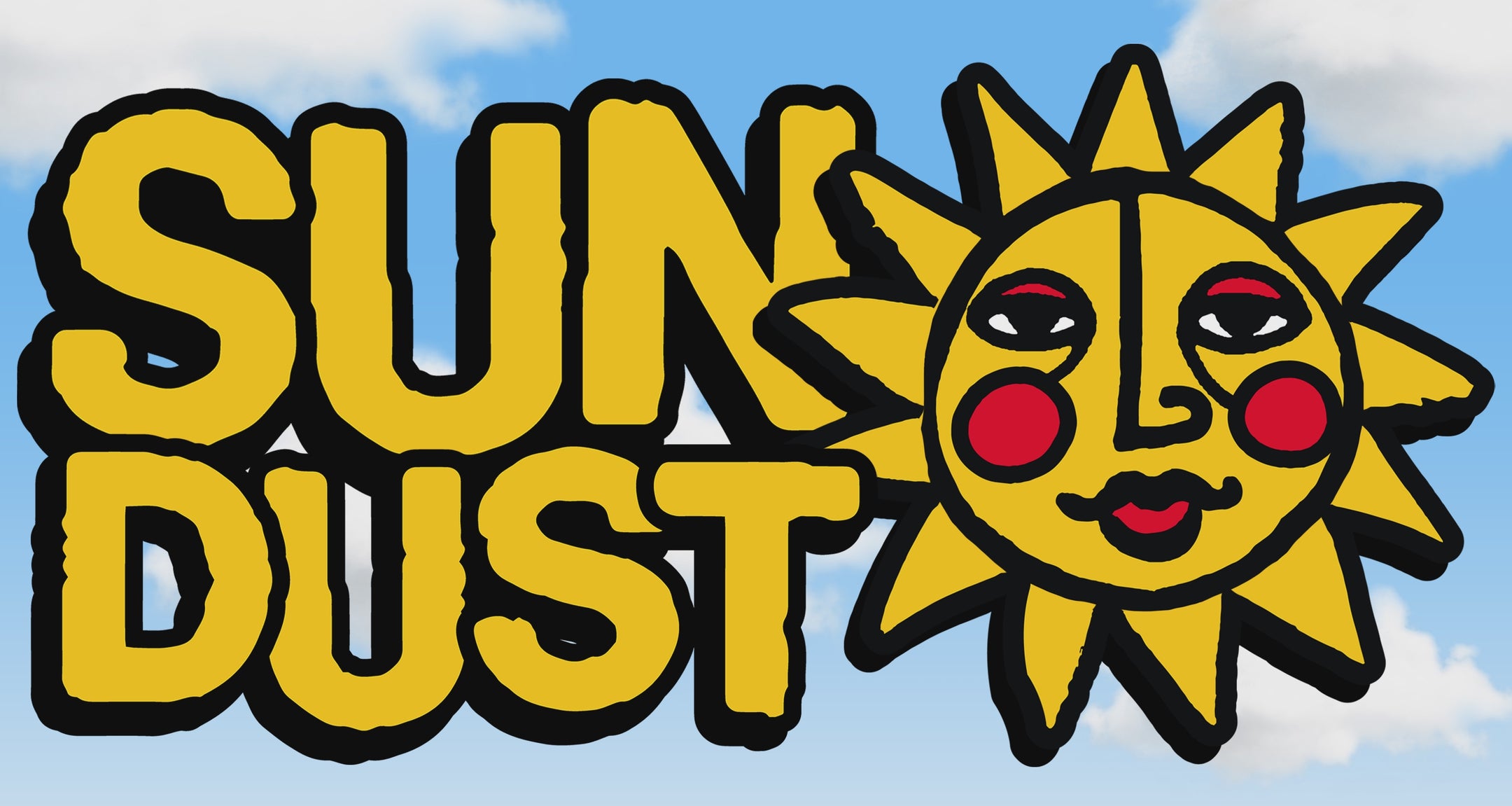 SunDust Logo with spinning sun character over moving white clouds on a blue sky