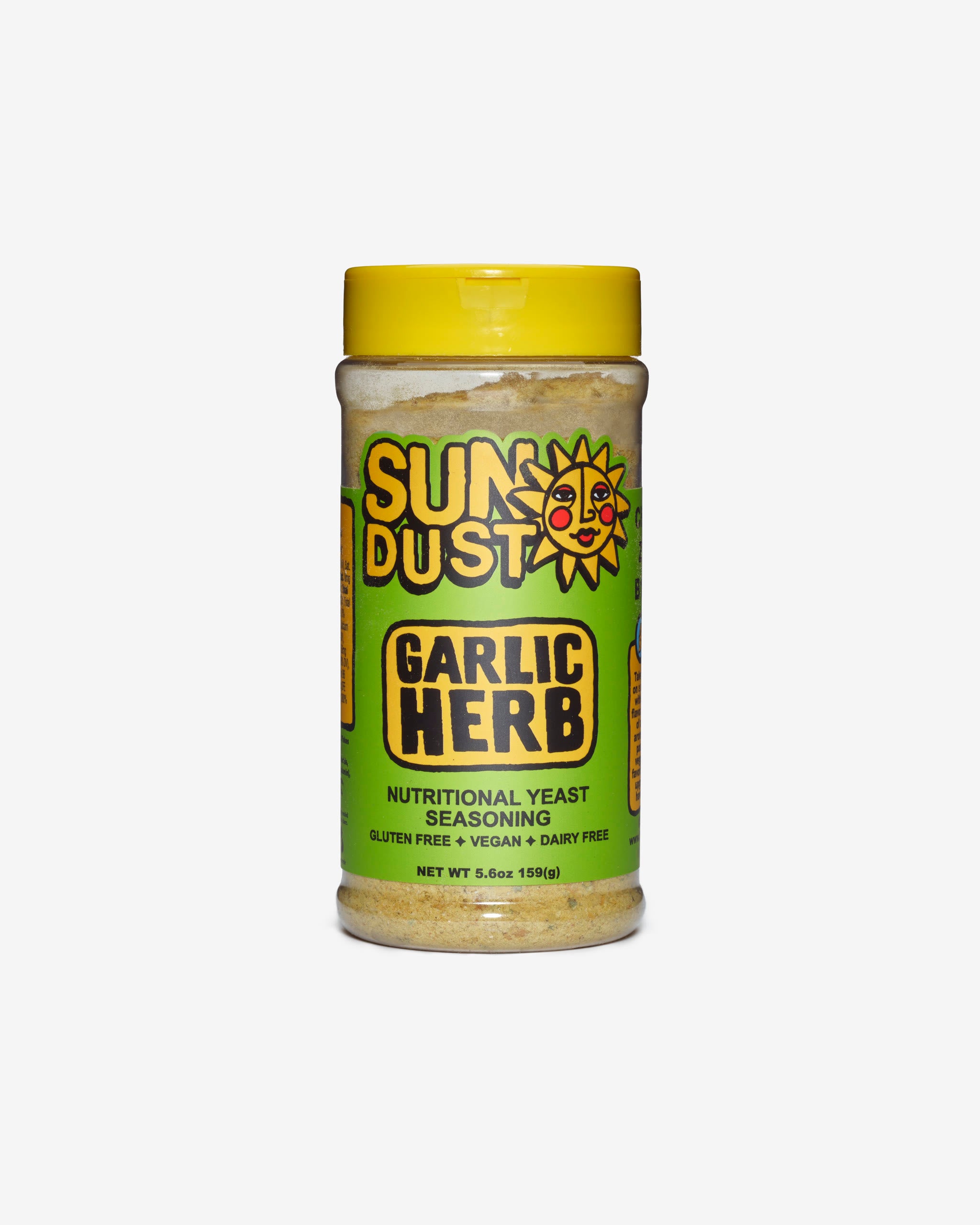 Sun Dust Garlic Herb nutritional yeast seasoning, single 5.6 oz jar, front label