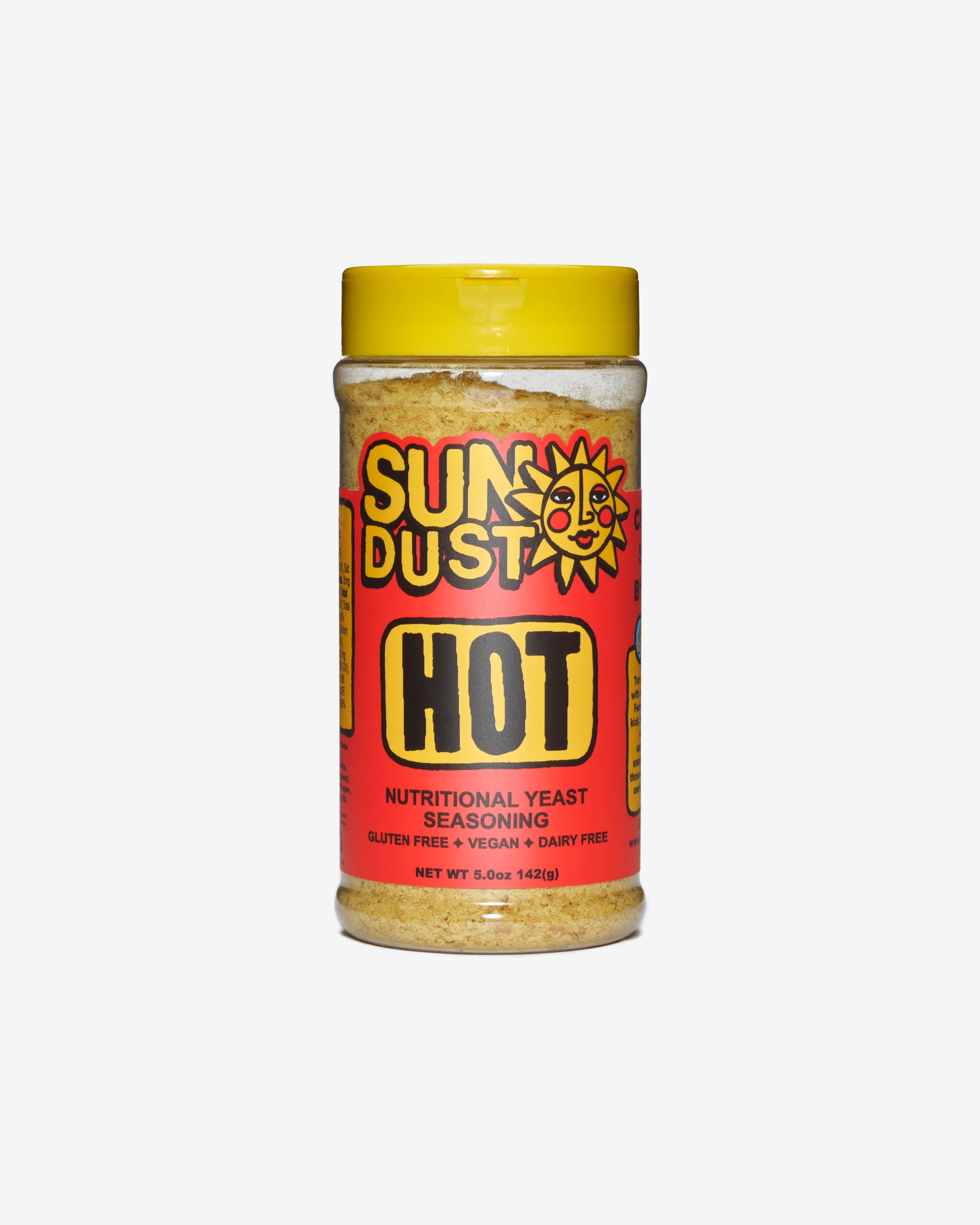 Sun Dust Hot nutritional yeast seasoning, single 5.0 oz jar, front label